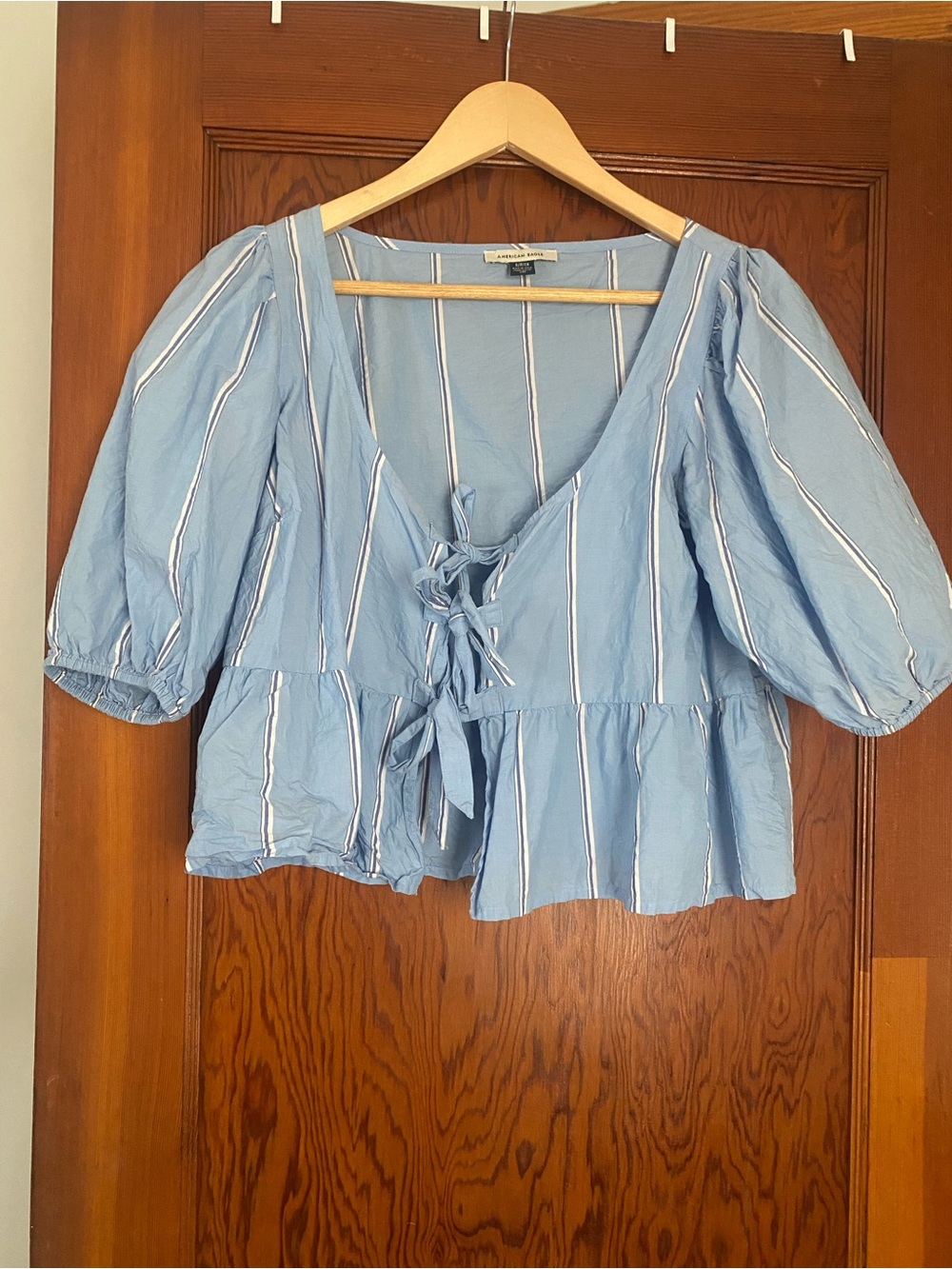 American Eagle Outfitters Light Blue & White Striped Tie-Front Peplum Blouse